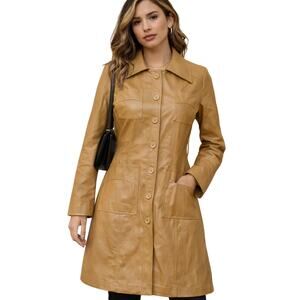 Vintage 80s Jennyfer Women's Small Faux Leather Trench Coat Camel Midi Jacket